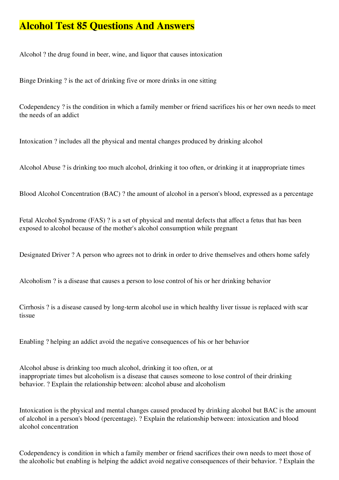 Preview image for Alcohol Test 85 Questions And Answers